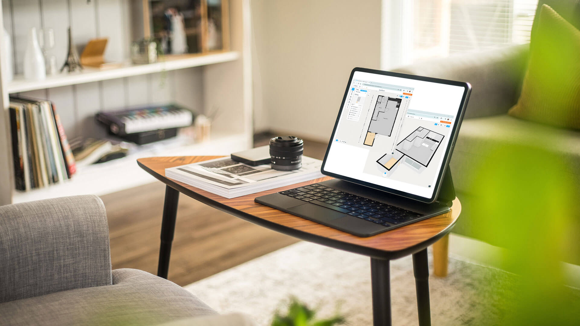 Woonkamer met laptop op de tafel, conact, imetingen, fotografie,